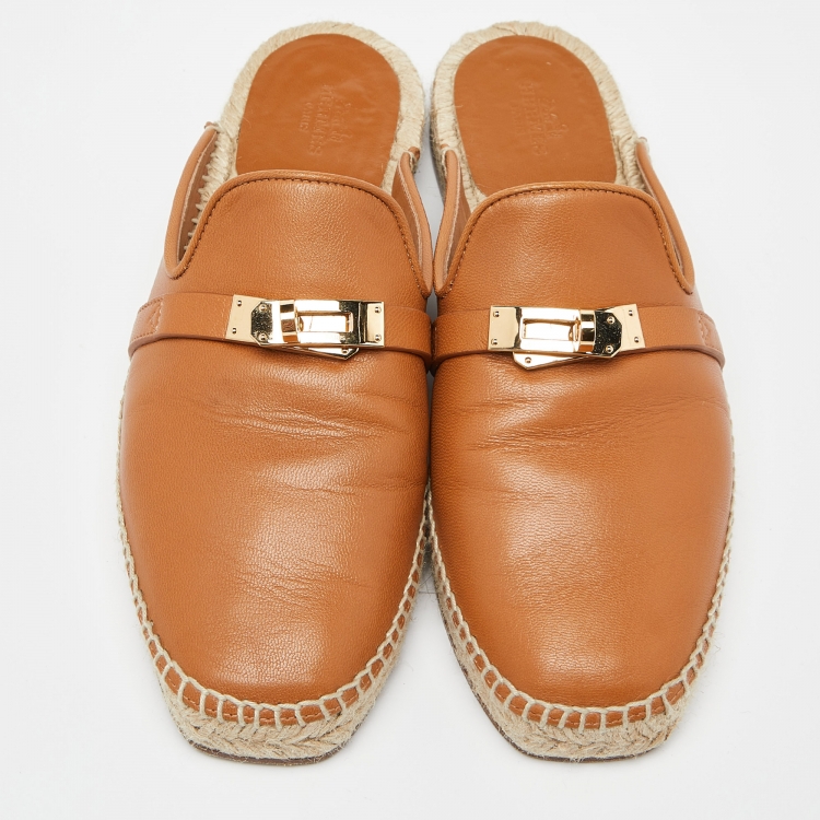 مملوكة مسبقًا Hermes Brown Leather Espadrille Flat Mules Size 37