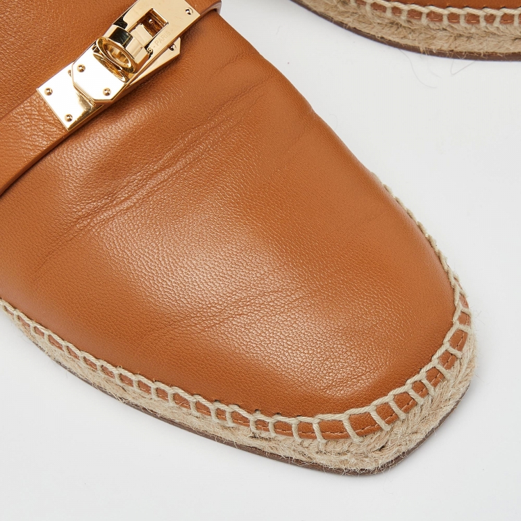 مملوكة مسبقًا Hermes Brown Leather Espadrille Flat Mules Size 37