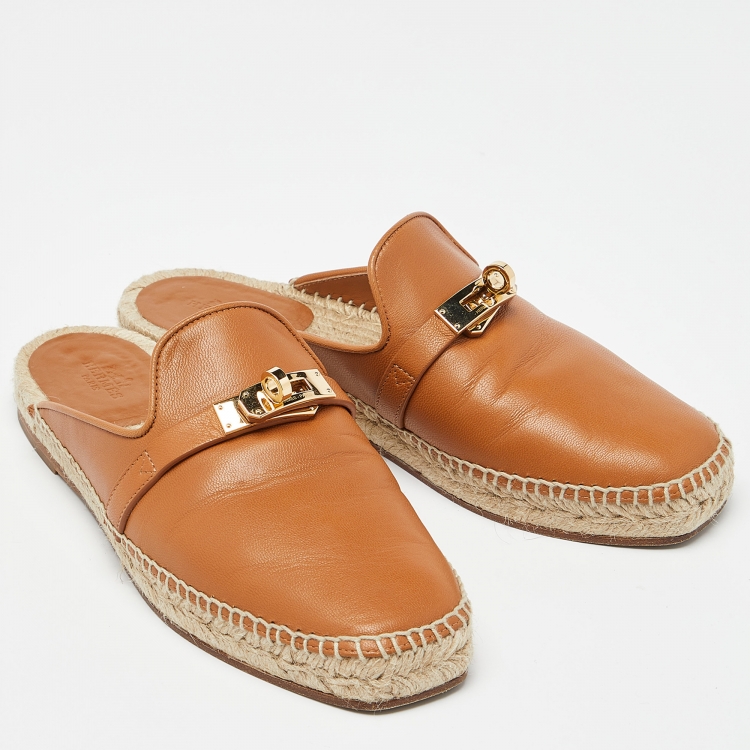 مملوكة مسبقًا Hermes Brown Leather Espadrille Flat Mules Size 37