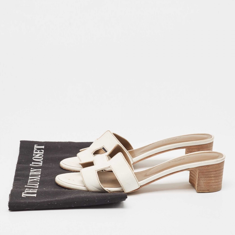 Pre Owned Hermes White Leather Oasis Slide Sandals Size 36