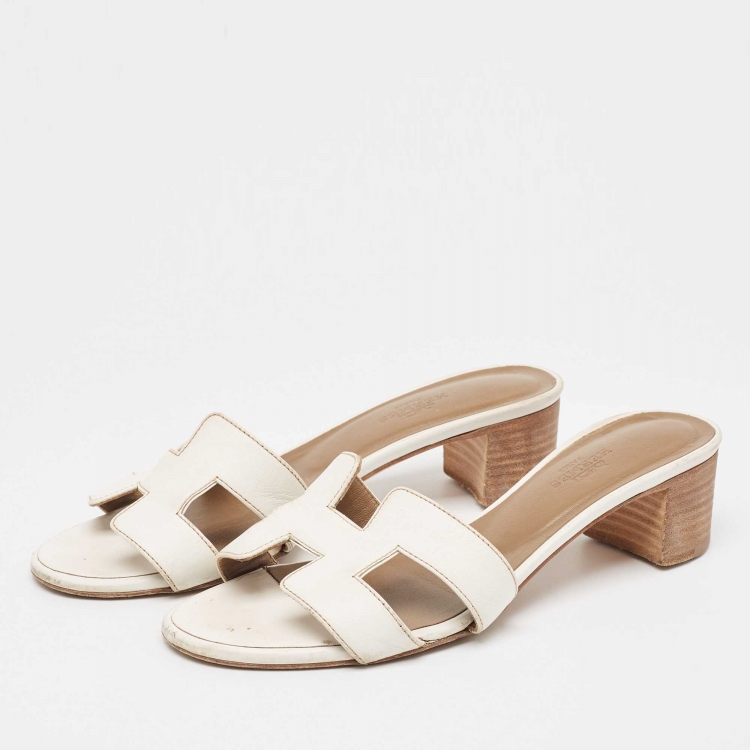 Pre Owned Hermes White Leather Oasis Slide Sandals Size 36
