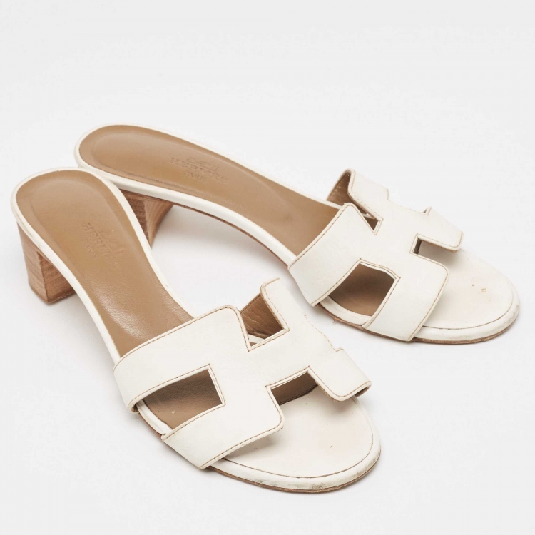 Pre Owned Hermes White Leather Oasis Slide Sandals Size 36