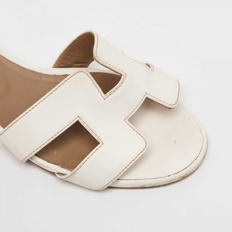 Pre Owned Hermes White Leather Oasis Slide Sandals Size 36