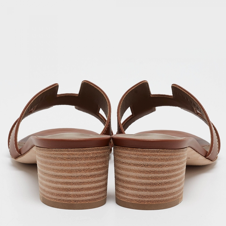 Pre Owned Hermes Brown Leather Oasis Slide Sandals Size 38.5