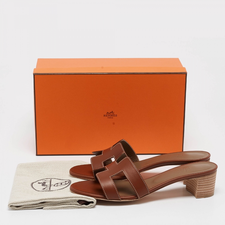 Pre Owned Hermes Brown Leather Oasis Slide Sandals Size 38.5