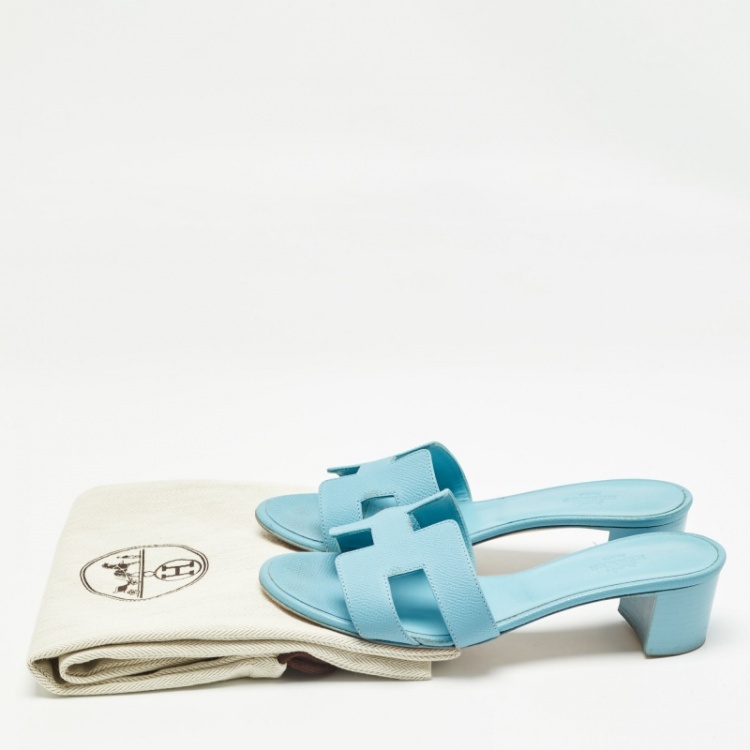 Pre Owned Hermes Blue Leather Oasis Slide Sandals Size 37
