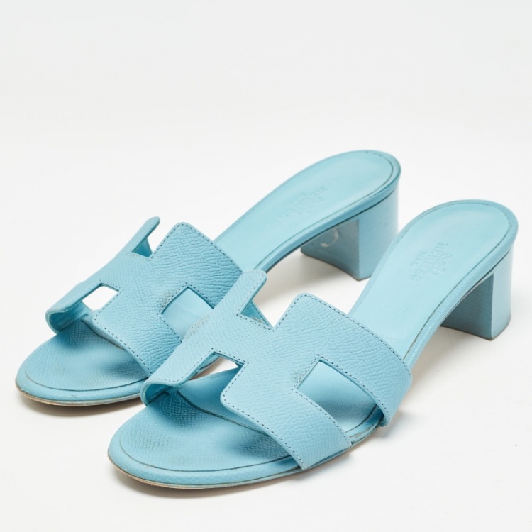 Pre Owned Hermes Blue Leather Oasis Slide Sandals Size 37
