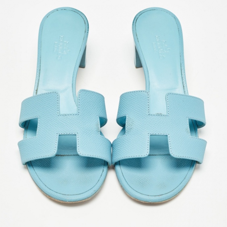 Pre Owned Hermes Blue Leather Oasis Slide Sandals Size 37