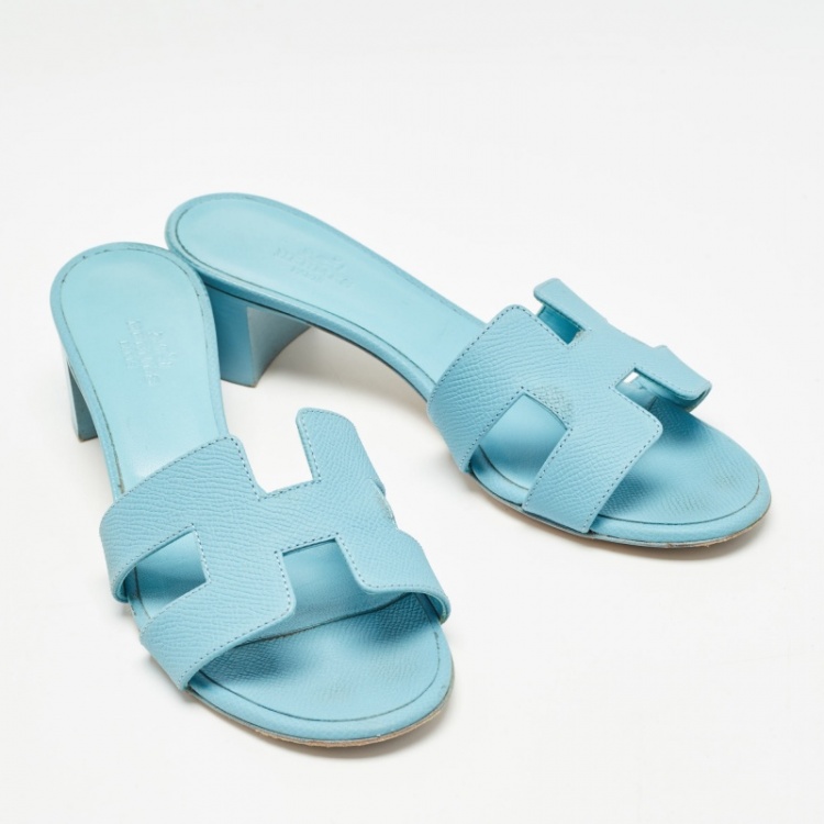 Pre Owned Hermes Blue Leather Oasis Slide Sandals Size 37