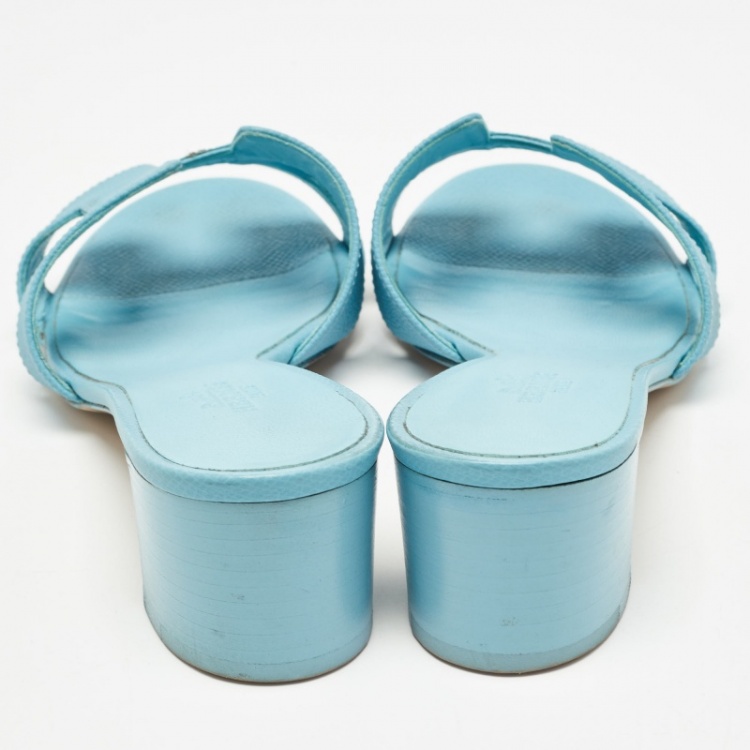 Pre Owned Hermes Blue Leather Oasis Slide Sandals Size 37