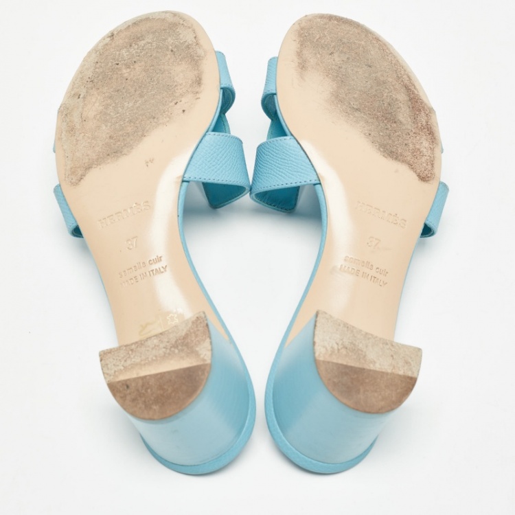 Pre Owned Hermes Blue Leather Oasis Slide Sandals Size 37