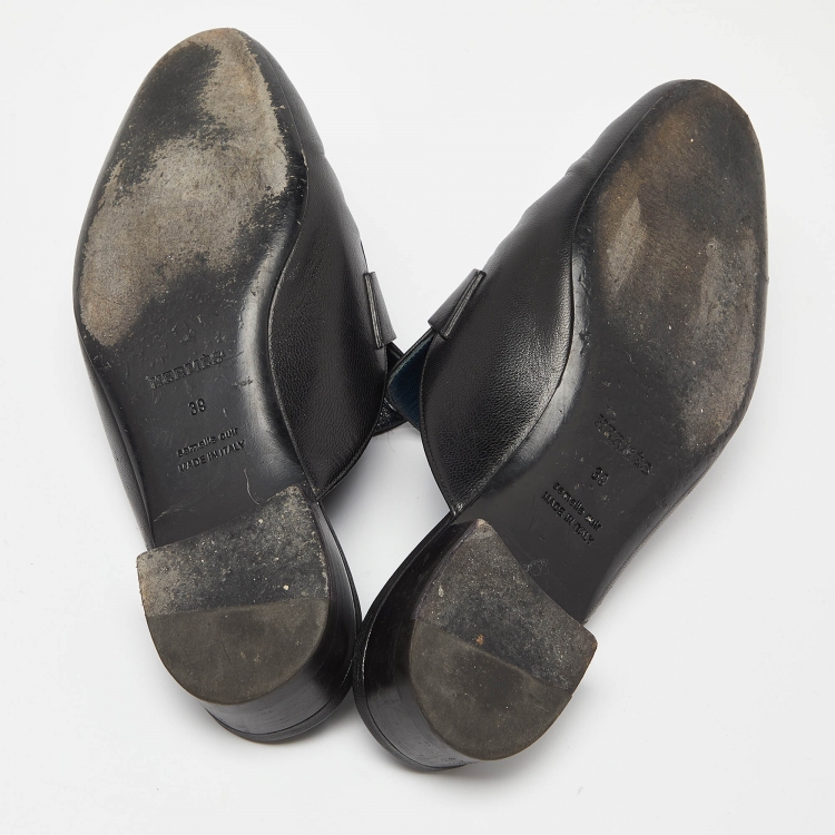 Pre Owned Hermes Black Leather Paradis Flat Mules Size 39