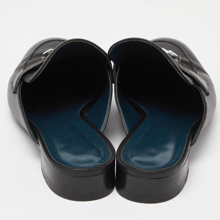 Pre Owned Hermes Black Leather Paradis Flat Mules Size 39