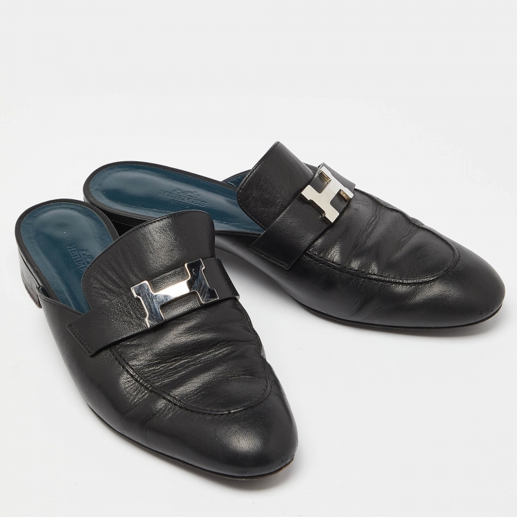 Pre Owned Hermes Black Leather Paradis Flat Mules Size 39