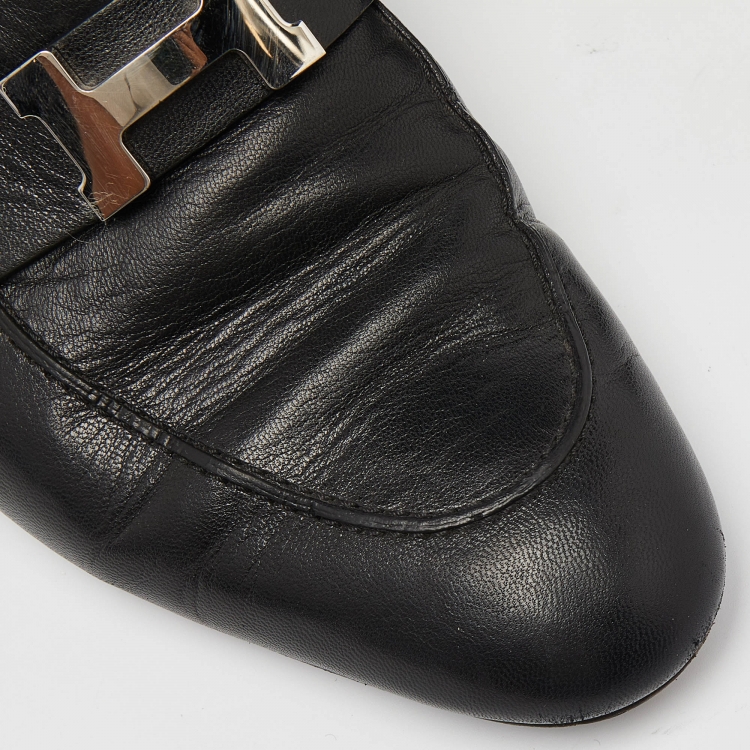 Pre Owned Hermes Black Leather Paradis Flat Mules Size 39