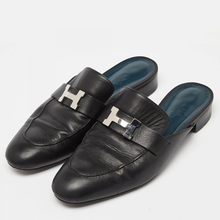 Pre Owned Hermes Black Leather Paradis Flat Mules Size 39