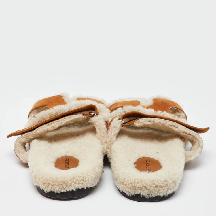 Pre Owned Hermes Brown Suede Shearling Fur Chypre Sandals Size 40