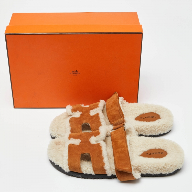 Pre Owned Hermes Brown Suede Shearling Fur Chypre Sandals Size 40