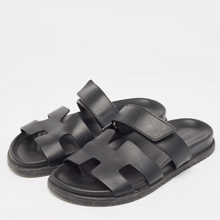 Pre Owned Hermes Black Leather Chypre Sandals Size 37