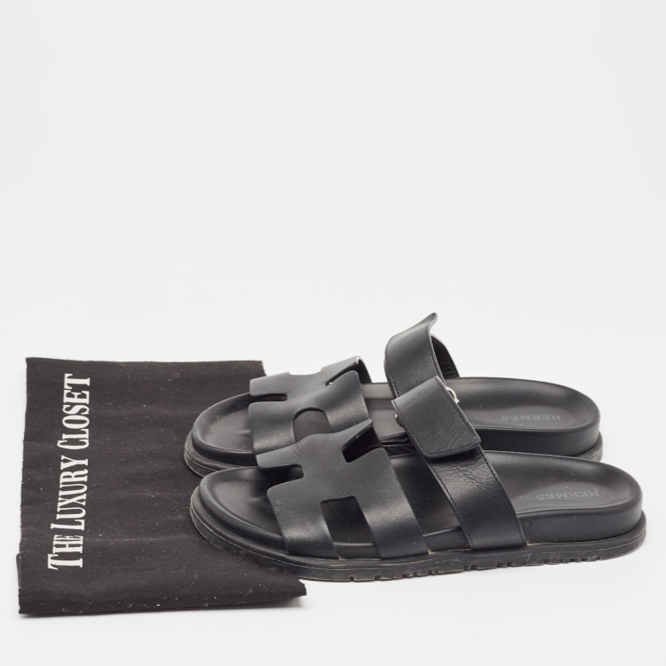 Pre Owned Hermes Black Leather Chypre Sandals Size 37