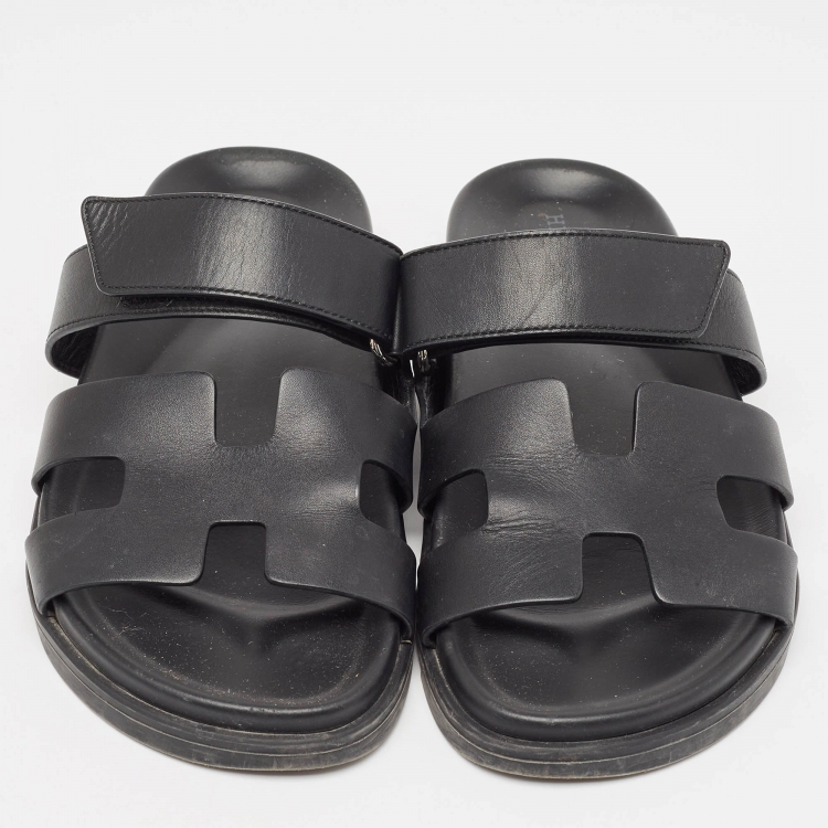 Pre Owned Hermes Black Leather Chypre Sandals Size 37