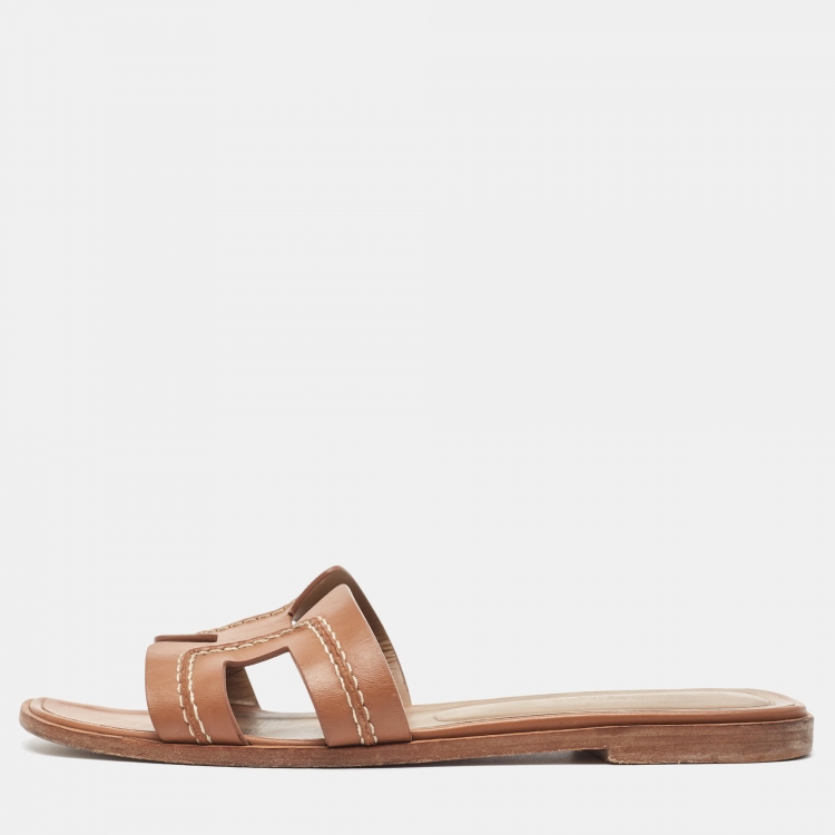 Pre Owned Hermes Brown Leather Pique Oran Flat Slides Size 38