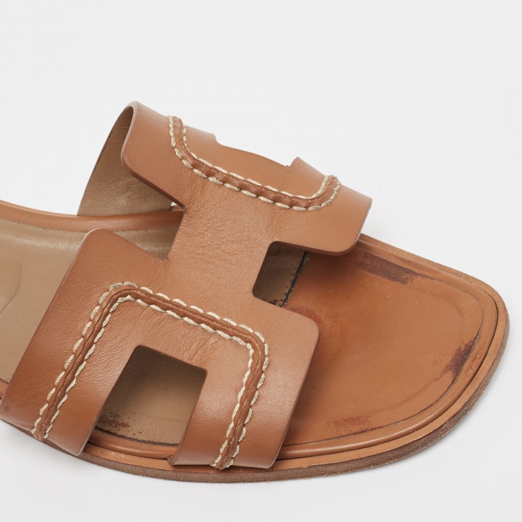 Pre Owned Hermes Brown Leather Pique Oran Flat Slides Size 38