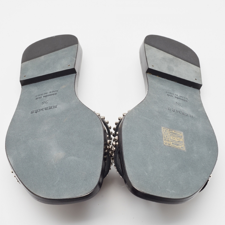 Pre Owned Hermès Black Leather Studded Oran Flat Slides Size 36