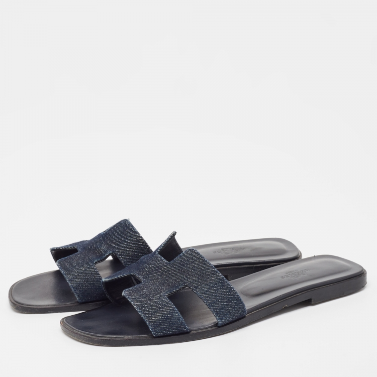 Pre Owned Hermes Navy Blue Denim Oran Flat Slides Size 39.5