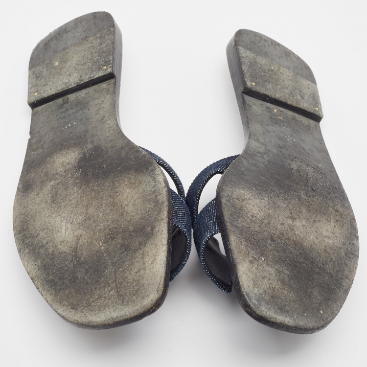 Pre Owned Hermes Navy Blue Denim Oran Flat Slides Size 39.5
