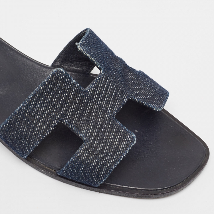 Pre Owned Hermes Navy Blue Denim Oran Flat Slides Size 39.5