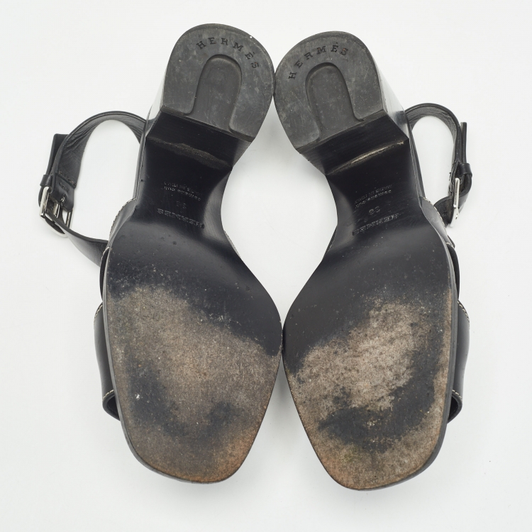 Pre Owned Hermes Black Leather Eris Slingback Sandals Size 38