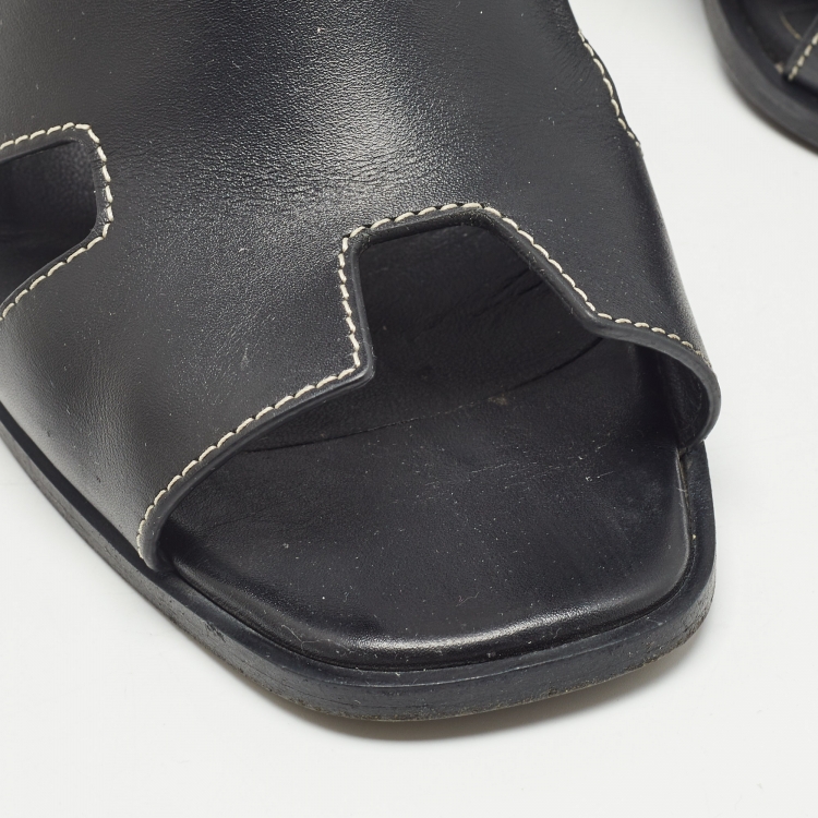 Pre Owned Hermes Black Leather Eris Slingback Sandals Size 38
