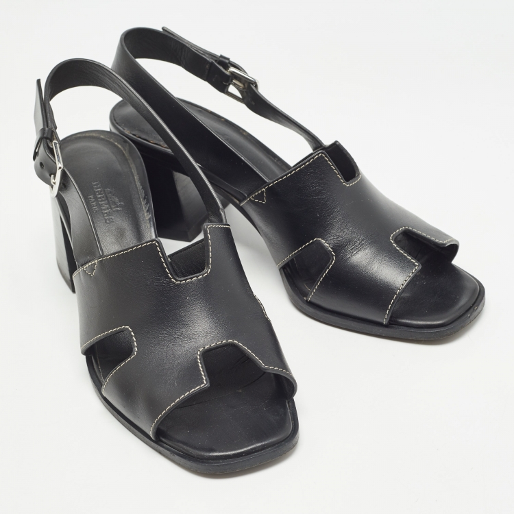 Pre Owned Hermes Black Leather Eris Slingback Sandals Size 38