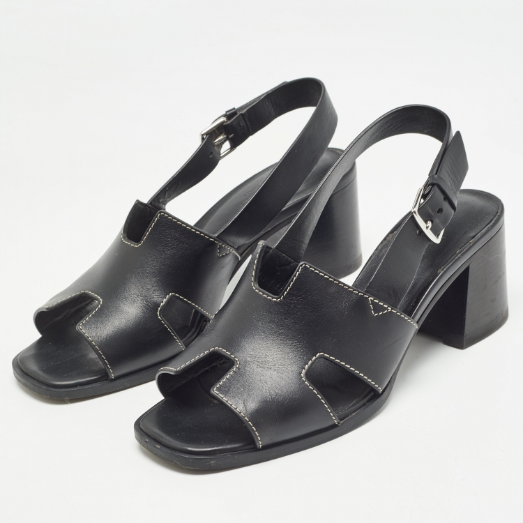 Pre Owned Hermes Black Leather Eris Slingback Sandals Size 38