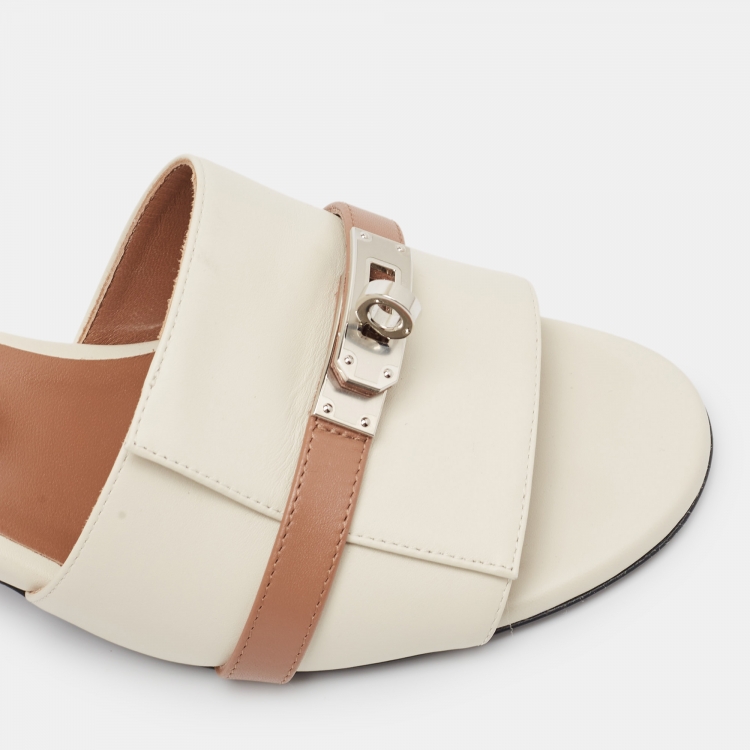 مملوكة مسبقًا Hermes Cream/Brown Leather Gigi Slide Sandals Size 39