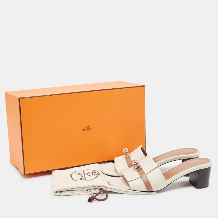 مملوكة مسبقًا Hermes Cream/Brown Leather Gigi Slide Sandals Size 39