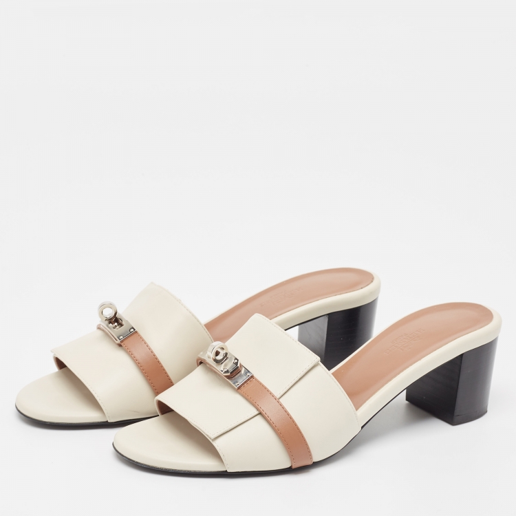 مملوكة مسبقًا Hermes Cream/Brown Leather Gigi Slide Sandals Size 39