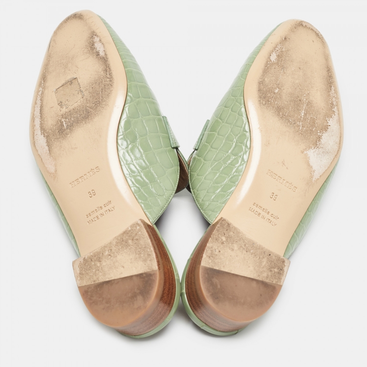 Pre Owned Hermes Green Crocodile Trocadero Mules Size 39  