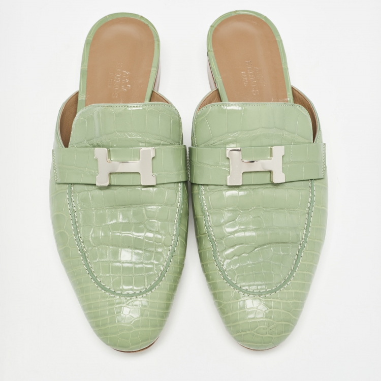 Pre Owned Hermes Green Crocodile Trocadero Mules Size 39  