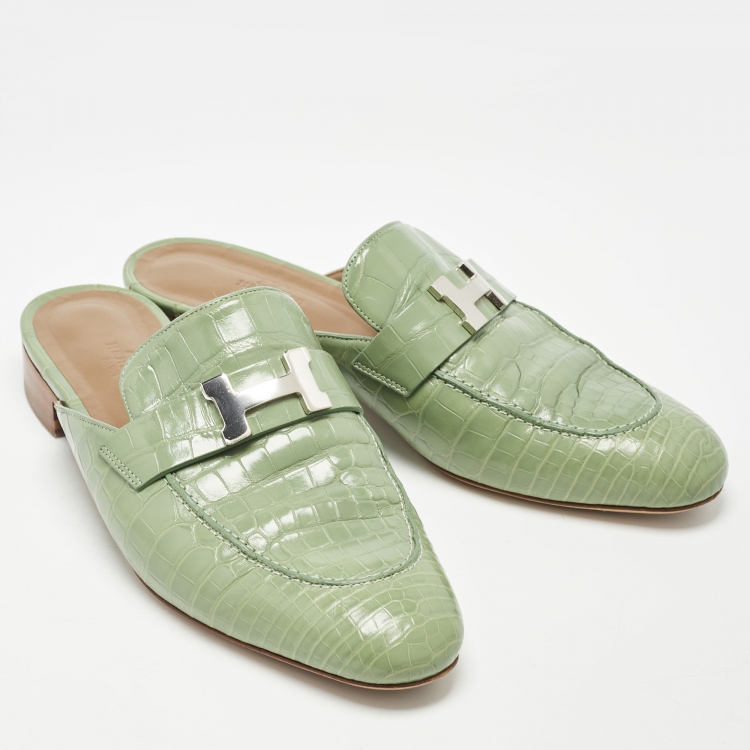 Pre Owned Hermes Green Crocodile Trocadero Mules Size 39  