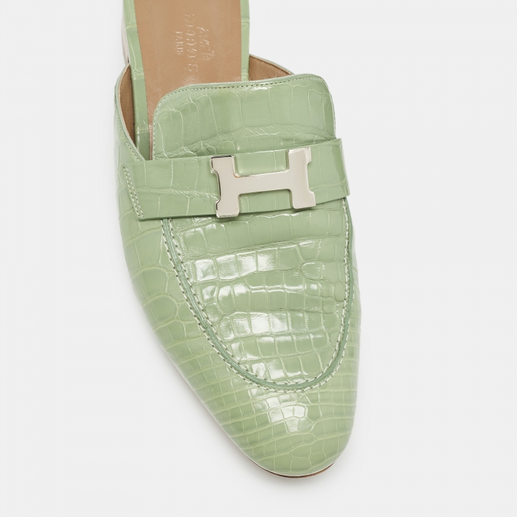 Pre Owned Hermes Green Crocodile Trocadero Mules Size 39  