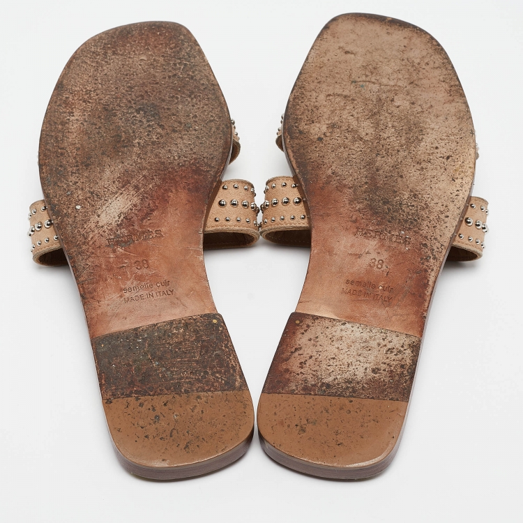 Pre Owned Hermes Beige Studded Suede Oran Flat Slides Size 38