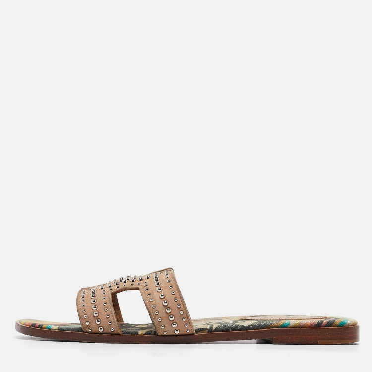 Pre Owned Hermes Beige Studded Suede Oran Flat Slides Size 38