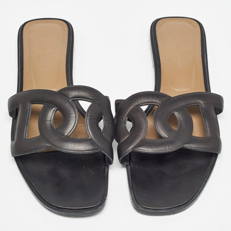 Pre Owned Hermes Black Leather Aloha Flat Sandals  Size 39