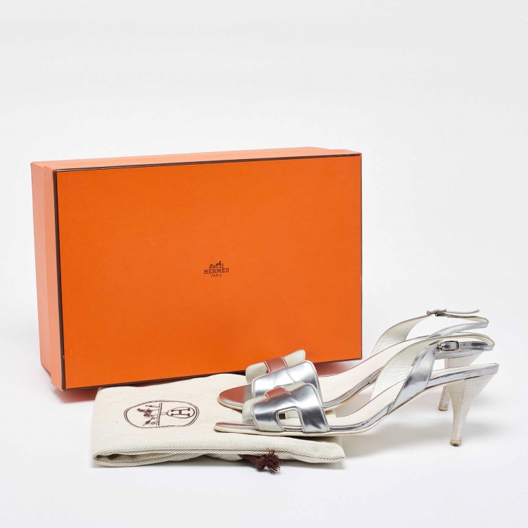مملوكة مسبقًا Hermes Silver Leather Night Slingback Sandals Size 40.5