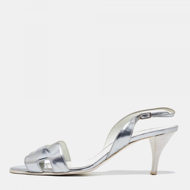 Hermes Silver Leather Night Slingback Sandals Size 40.5