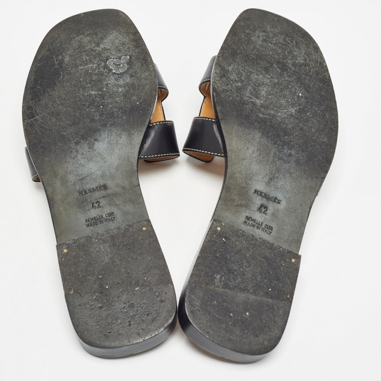 Pre Owned Hermes Black Leather Oran Flat Slides Size 42