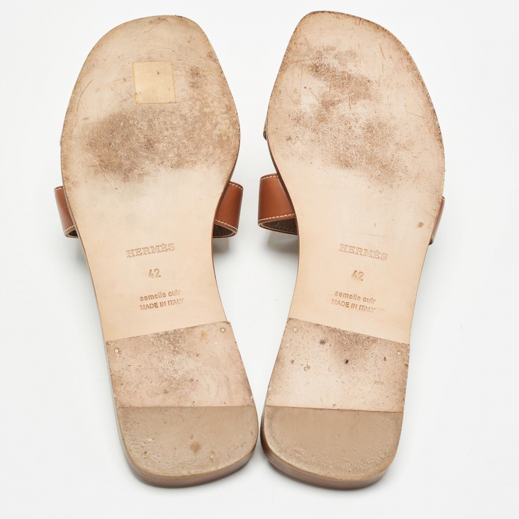 Pre Owned Hermes Brown Leather Oran Flat Slides Size 42