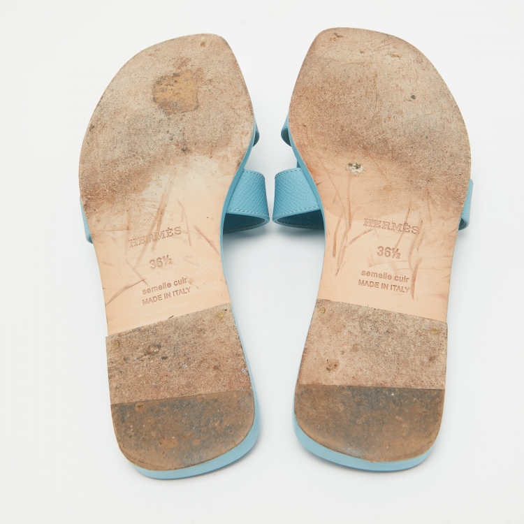 Pre Owned Hermes Blue Leather Oran Flat Slides Size 36.5  